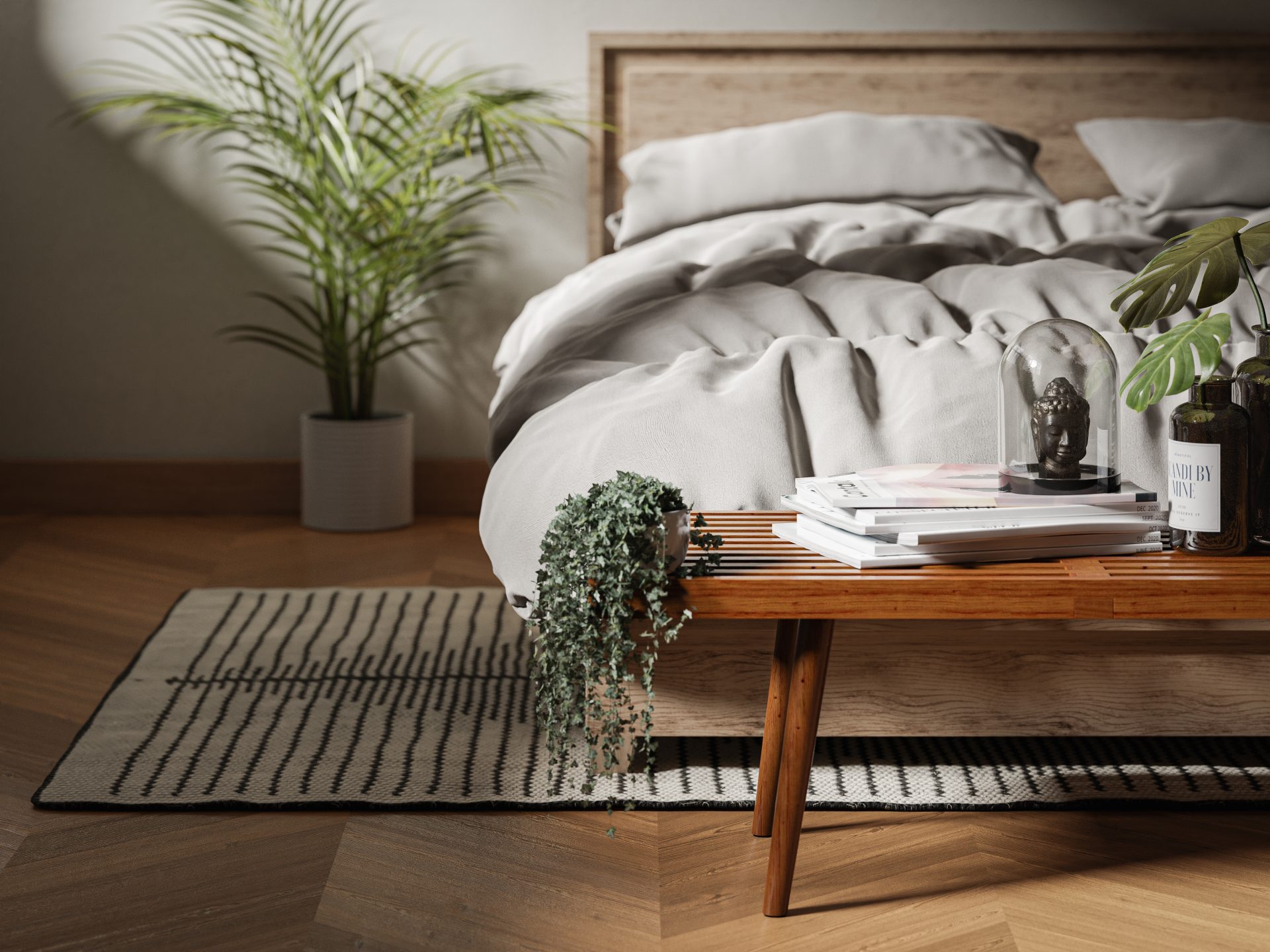 Wooden bench in bedroom