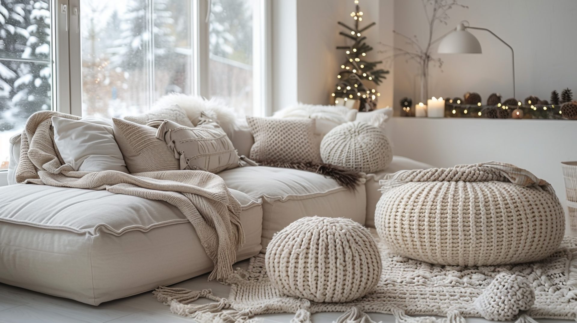 Skandinavisches Sofa in einem weihnachtlich dekorierten Wohnzimmer.